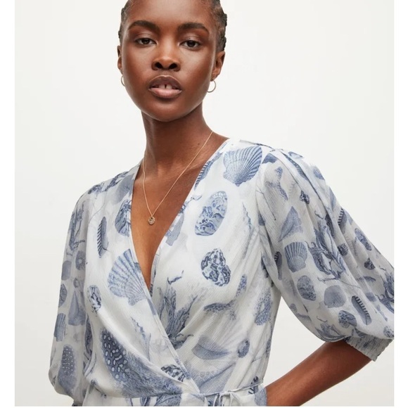 Allsaints Ari Oceano Long Sleeve Wrap Dress White Blue Shell Beach All Saints - Picture 2 of 14